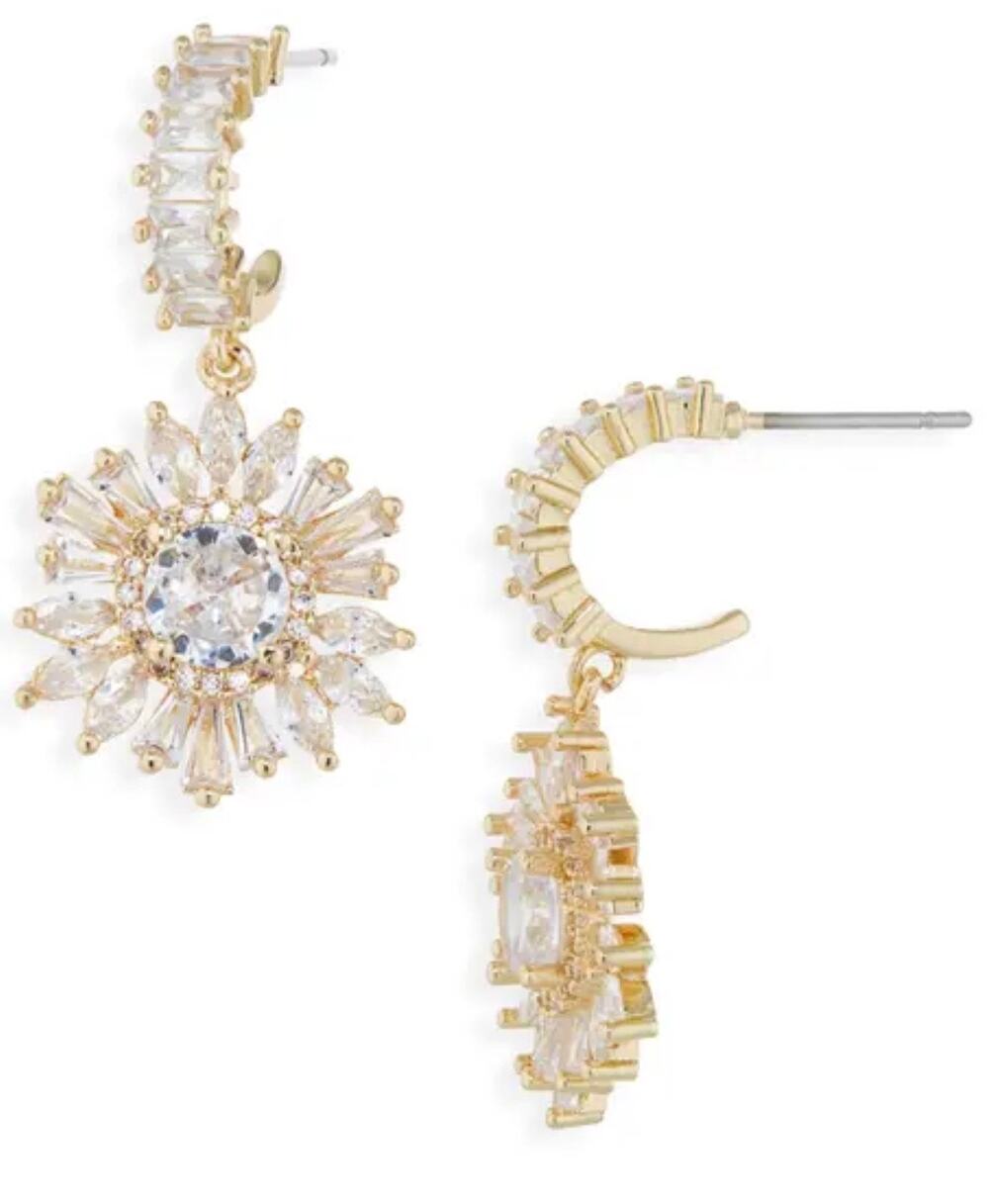 Nordstrom Cara Starburst Cubic Zirconia Hoop Drop Earrings in Gold. NWT